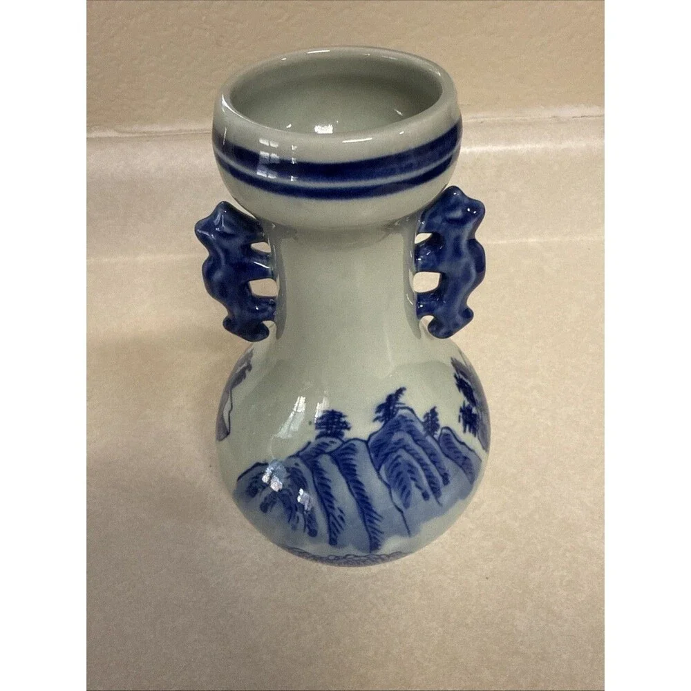 Blue & White Ceramic Landscape Vase Decorative Handles 8.25in